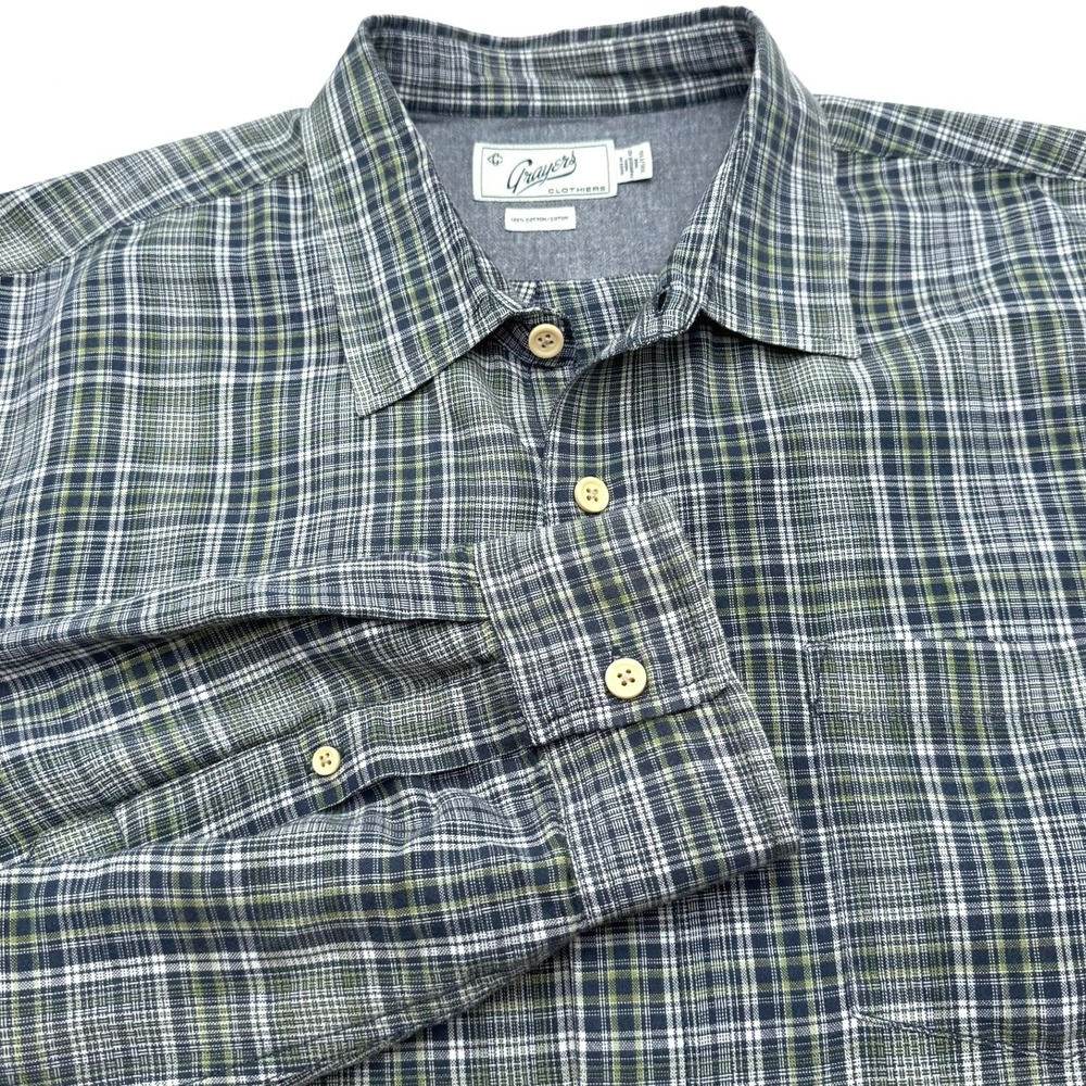 GRAYERS CLOTHIERS Mens XXL Blue Green Plaid Cotton Long Sleeve Button Down Shirt